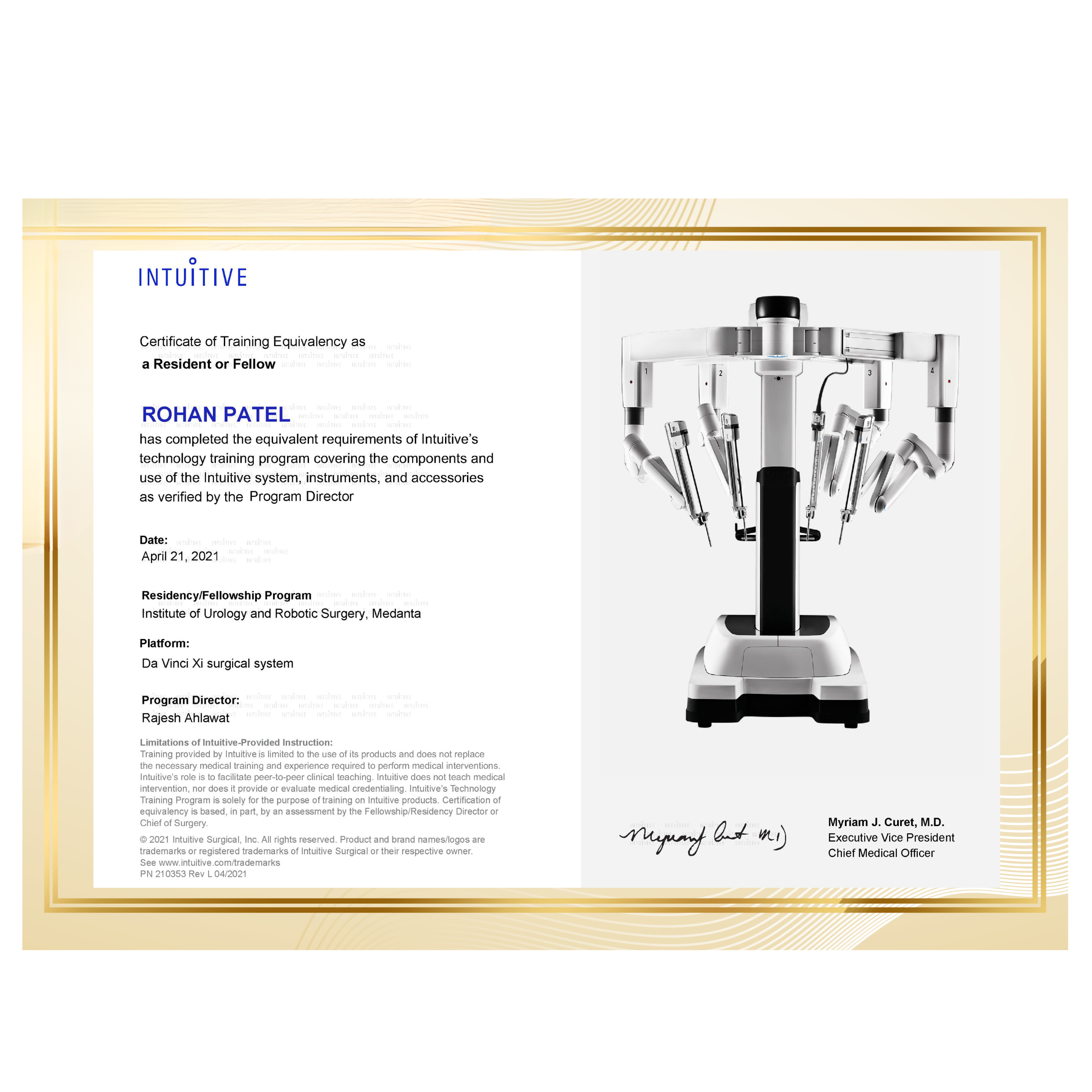 Dr. Rohan Patel - Intuitive Certificate of Training Equivalency as a Resident or Fellow