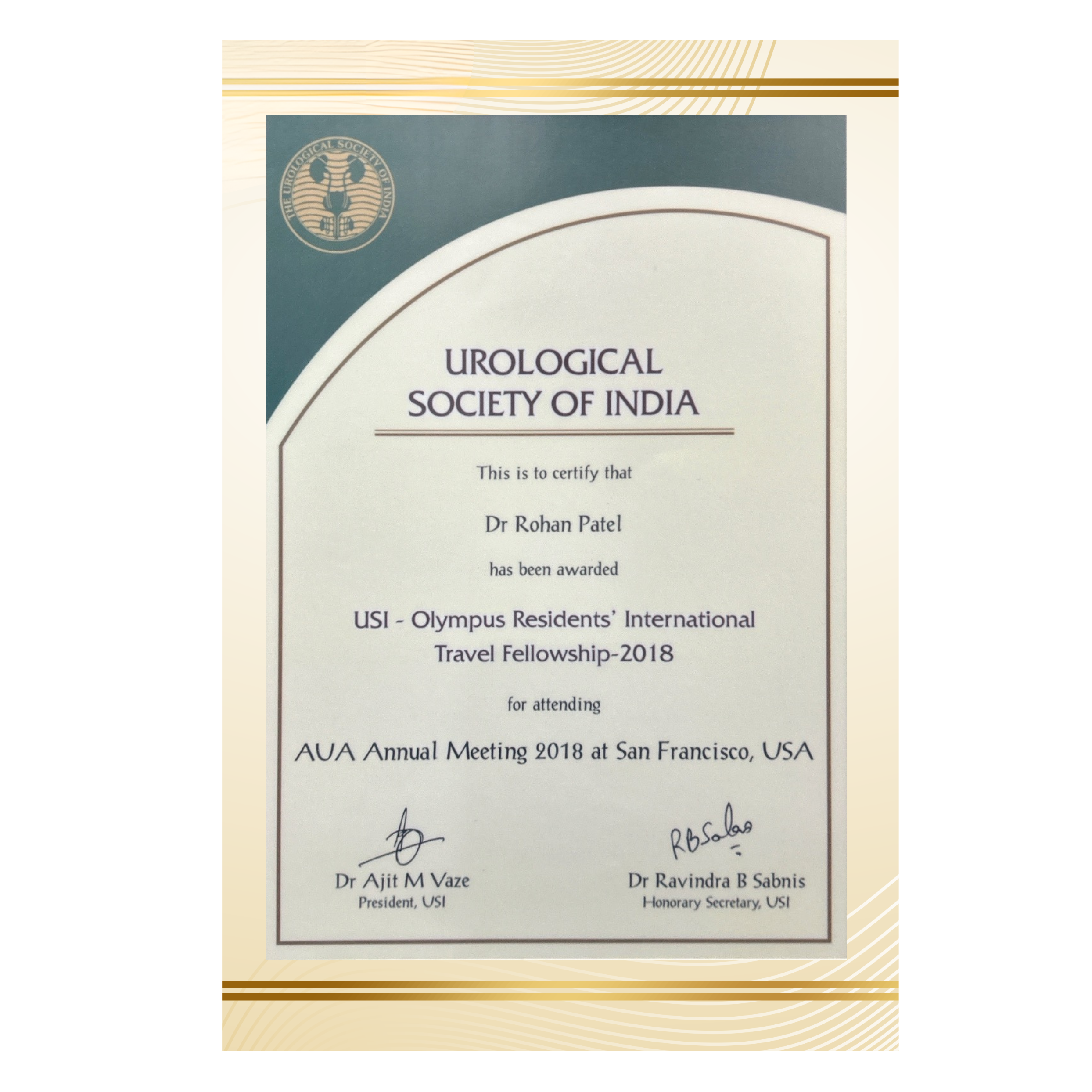 Certificate Urological Society of India - Olympus Residents' International Travel Fellowship - 2018